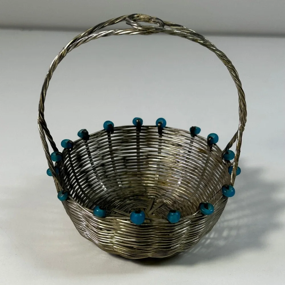 Vintage Silver Wire Woven Miniature Basket with Turquoise Blue Glass Beads 3in